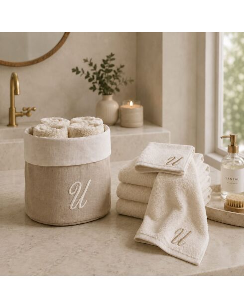Panier + 4 gants de toilette en coton Zahra U ivoire - 30x30 cm