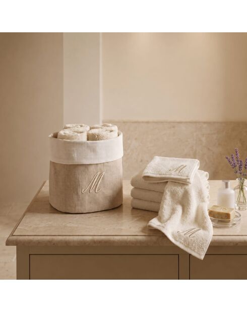 Panier + 4 gants de toilette en coton Zahra M ivoire - 30x30 cm
