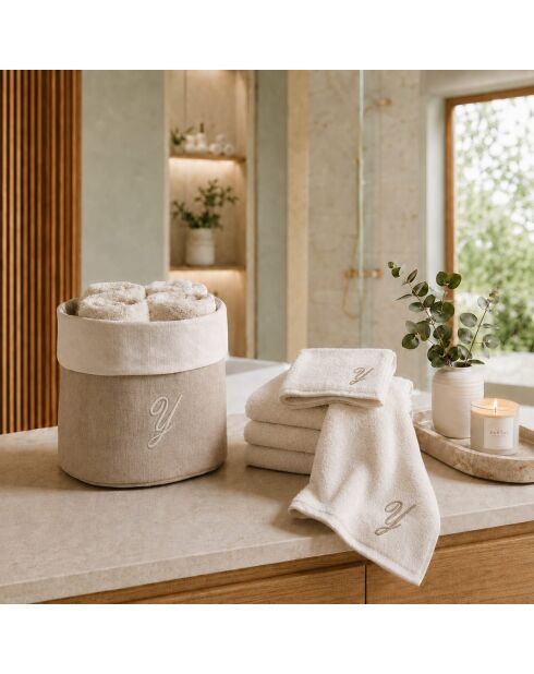 Panier + 4 gants de toilette en coton Zahra Y ivoire - 30x30 cm