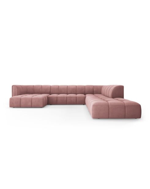 Canapé d'angle droit panoramique modulable en chenille Francesca 7 places rose - 329 x 276 x 70 cm