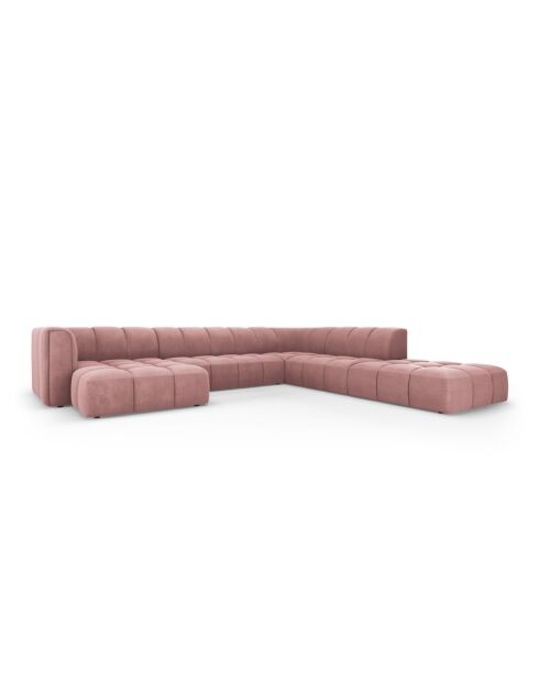 Canapé d'angle droit panoramique modulable en chenille Francesca 7 places rose - 329 x 276 x 70 cm