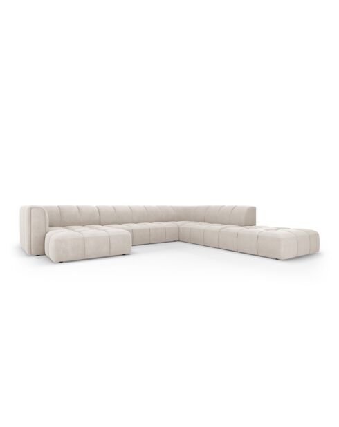 Canapé d'angle droit panoramique modulable en chenille Francesca 7 places beige - 329 x 276 x 70 cm