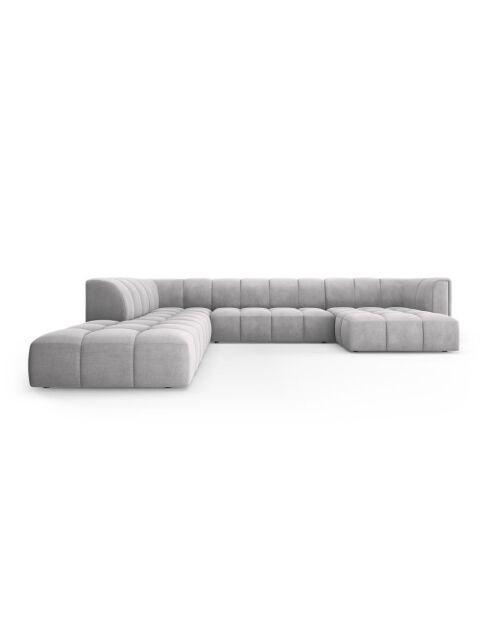 Canapé d'angle gauche panoramique modulable en chenille Francesca 7 places gris clair - 329 x 276 x 70 cm