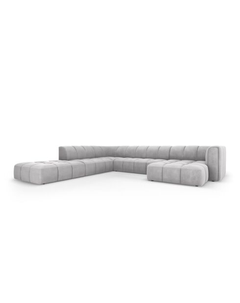 Canapé d'angle gauche panoramique modulable en chenille Francesca 7 places gris clair - 329 x 276 x 70 cm