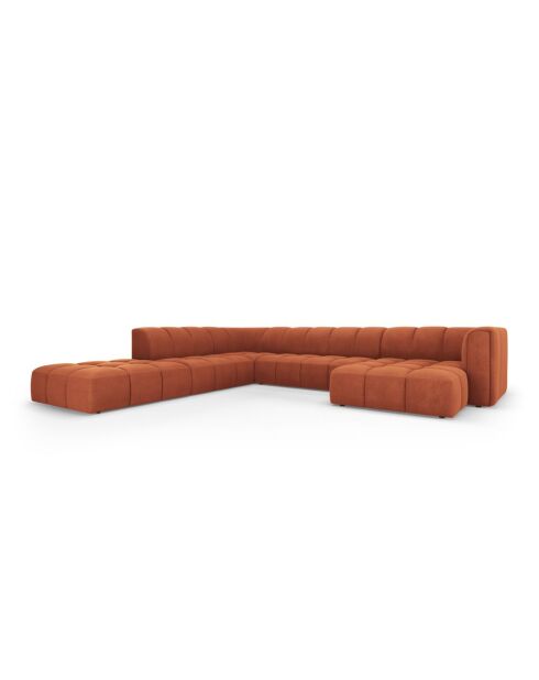 Canapé d'angle gauche panoramique modulable en chenille Francesca 7 places orange - 329 x 276 x 70 cm