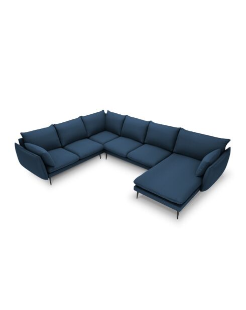 Canapé d'angle panoramique gauche ouvert en tissu structuré Elio 7 places bleu - 337 x 244 x 95 cm