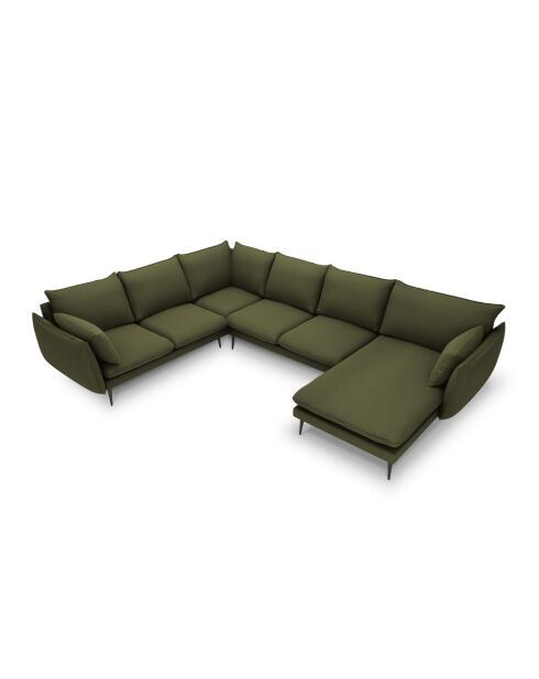 Canapé d'angle panoramique gauche ouvert en tissu structuré Elio 7 places vert - 337 x 244 x 95 cm