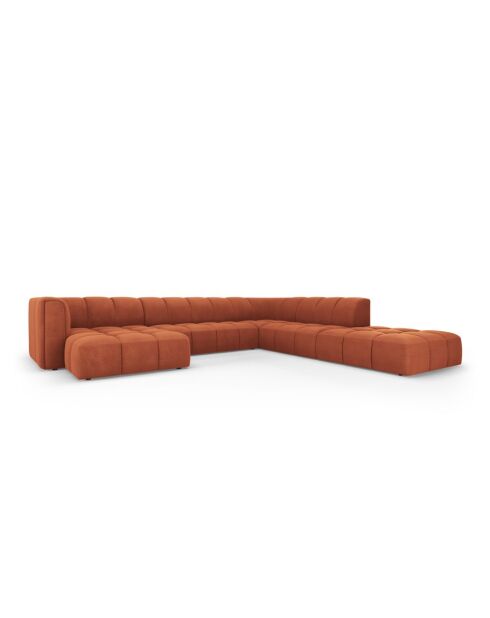 Canapé d'angle droit panoramique modulable en chenille Francesca 7 places orange - 329 x 276 x 70 cm