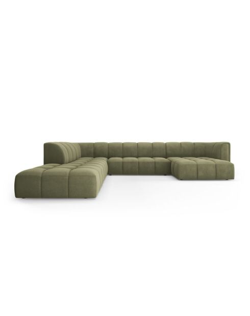 Canapé d'angle gauche panoramique modulable en chenille Francesca 7 places vert clair - 329 x 276 x 70 cm