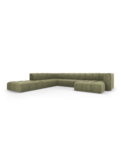 Canapé d'angle gauche panoramique modulable en chenille Francesca 7 places vert clair - 329 x 276 x 70 cm
