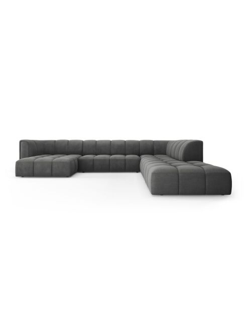 Canapé d'angle droit panoramique modulable en chenille Francesca 7 places gris foncé - 329 x 276 x 70 cm