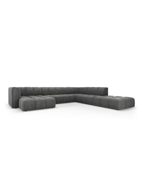 Canapé d'angle droit panoramique modulable en chenille Francesca 7 places gris foncé - 329 x 276 x 70 cm