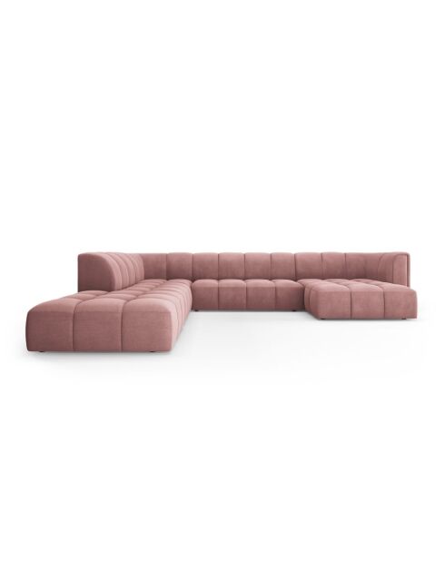 Canapé d'angle gauche panoramique modulable en chenille Francesca 7 places rose - 329 x 276 x 70 cm