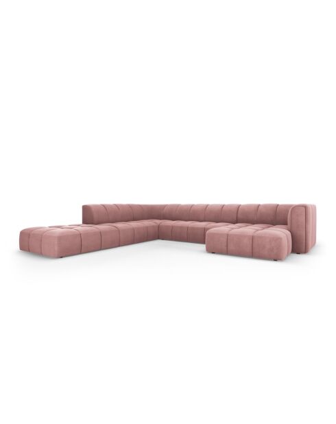 Canapé d'angle gauche panoramique modulable en chenille Francesca 7 places rose - 329 x 276 x 70 cm