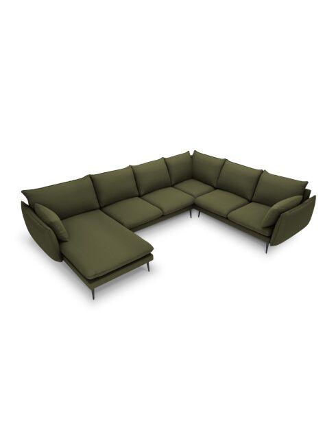 Canapé d'angle panoramique droit ouvert en tissu structuré Elio 7 places vert - 337 x 244 x 95 cm