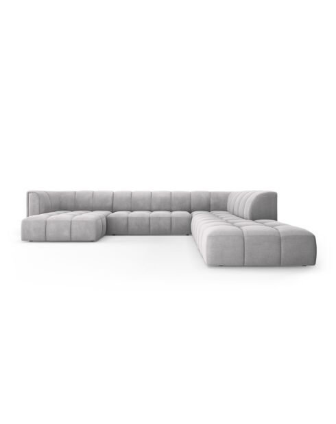 Canapé d'angle droit panoramique modulable en chenille Francesca 7 places gris clair - 329 x 276 x 70 cm
