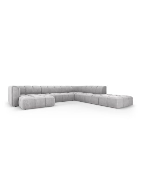 Canapé d'angle droit panoramique modulable en chenille Francesca 7 places gris clair - 329 x 276 x 70 cm