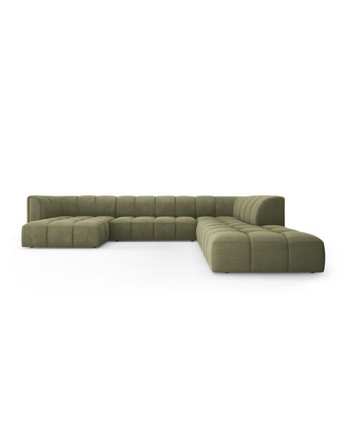 Canapé d'angle droit panoramique modulable en chenille Francesca 7 places vert clair - 329 x 276 x 70 cm