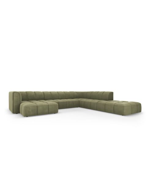 Canapé d'angle droit panoramique modulable en chenille Francesca 7 places vert clair - 329 x 276 x 70 cm