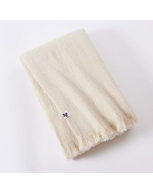 Plaid à franges nid d'abeille uni en coton Alma pampa - 130 x 160 cm
