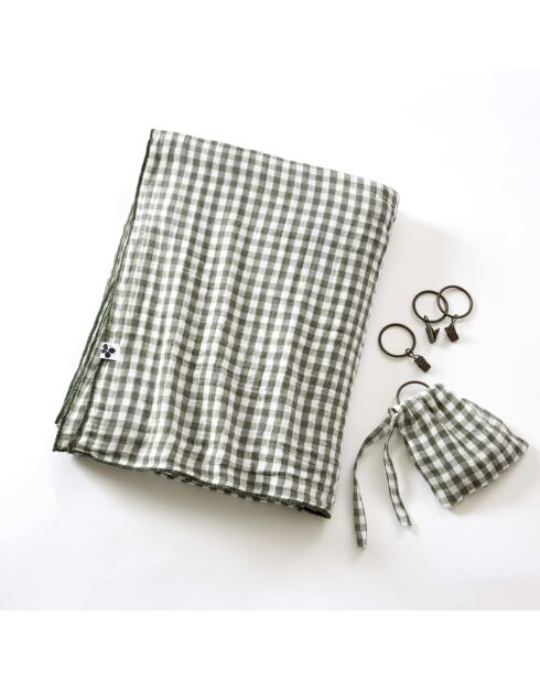 Rideau ajustable + 8 anneaux pince en gaze de coton tissée teinte Vickie romarin - 140 x 300 cm