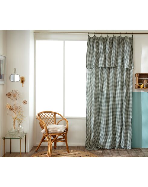 Rideau ajustable + 8 anneaux pince en gaze de coton tissée teinte Vickie romarin - 140 x 300 cm