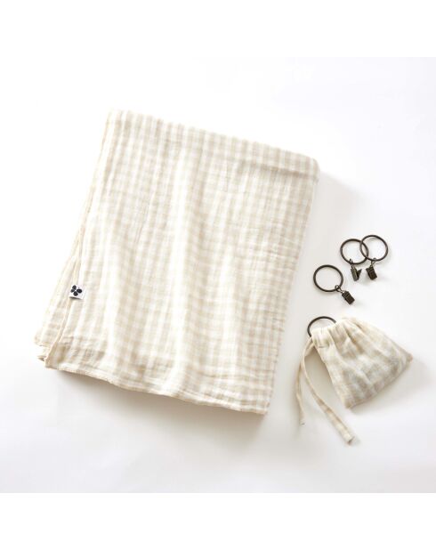 Rideau ajustable + 8 anneaux pince en gaze de coton tissée teinte Vickie pampa - 140 x 300 cm