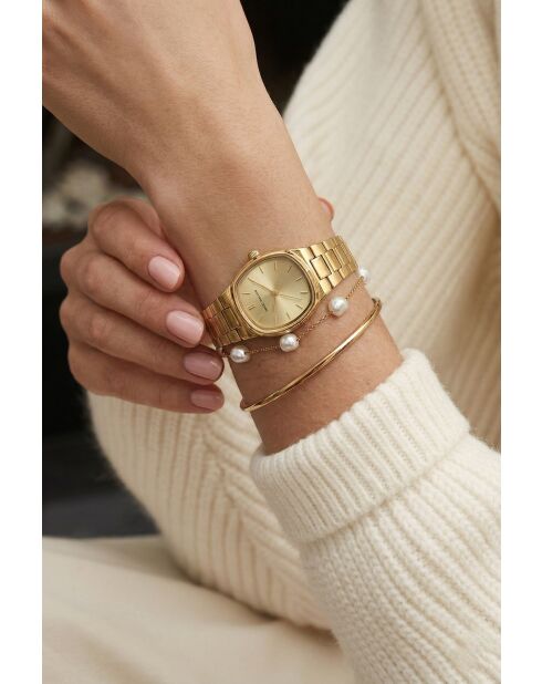 Montre femme analogique en acier inoxydable Golden Dew dorée