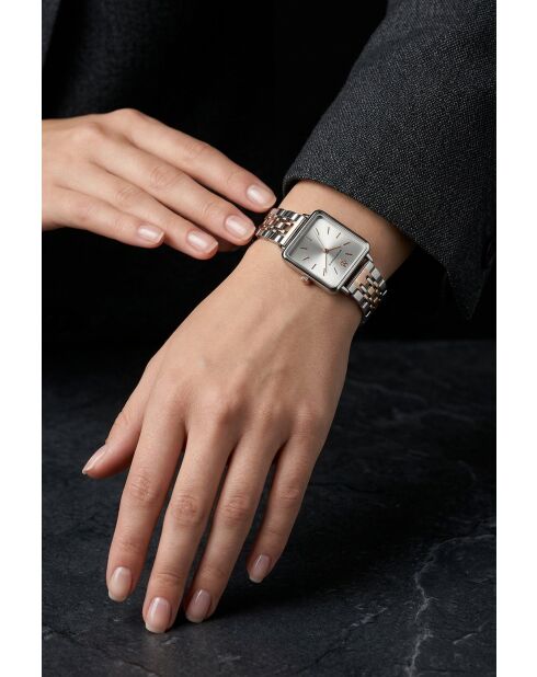 Montre femme analogique en acier inoxydable Solar Glow argentée /rose dorée