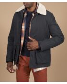 Marineblaue Gabardine-Jacke aus Baumwolle mit Sherpa-Kragen von Pierre