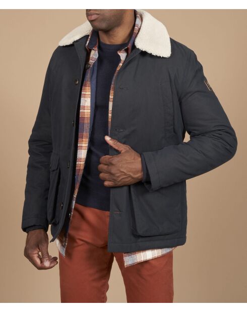 Marineblaue Gabardine-Jacke aus Baumwolle mit Sherpa-Kragen von Pierre