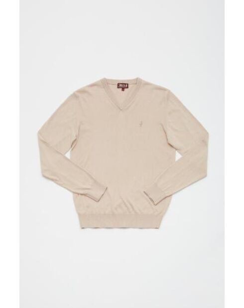 Maglione Étienne beige con scollo a V in cotone cachemire