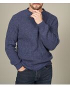 Pull col roulotté en maille perlée Arthur bleu denim