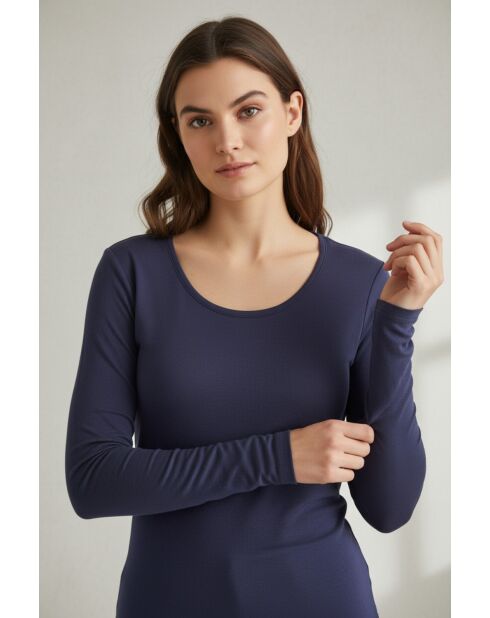 Jersey Anna de algodón con cuello redondo, manga larga, azul medianoche