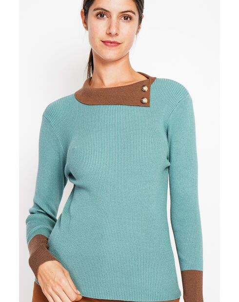 Céline türkisfarbener Langarmpullover mit Stehkragen