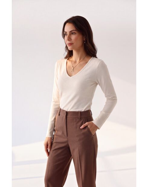 Anaïs Baumwollpullover mit V-Ausschnitt und langen Ärmeln, naturfarben