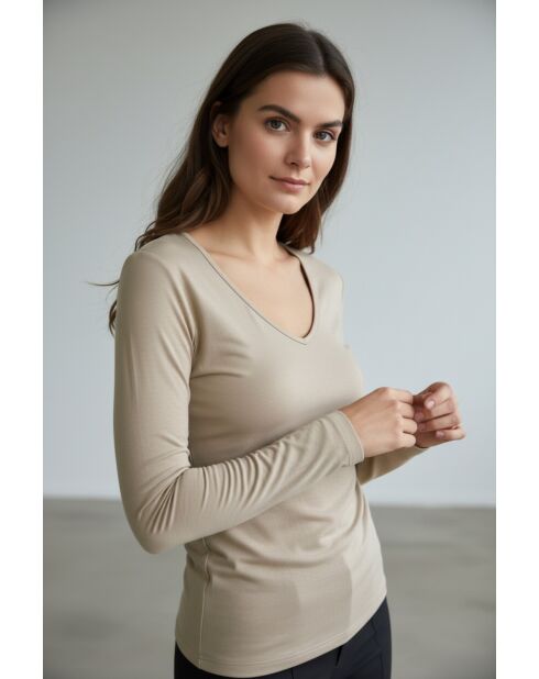 Maglia Andréa in cotone con scollo a V maniche lunghe torrone