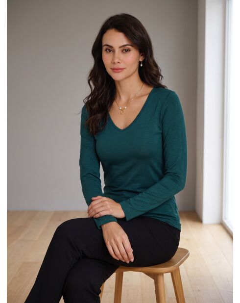 Angelina Baumwollpullover mit V-Ausschnitt, lange Ärmel, Nordseegrün, lange Ärmel