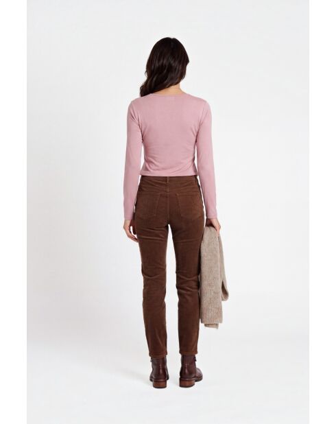 Sous pull en coton Angèle col V manches longues rose poudré