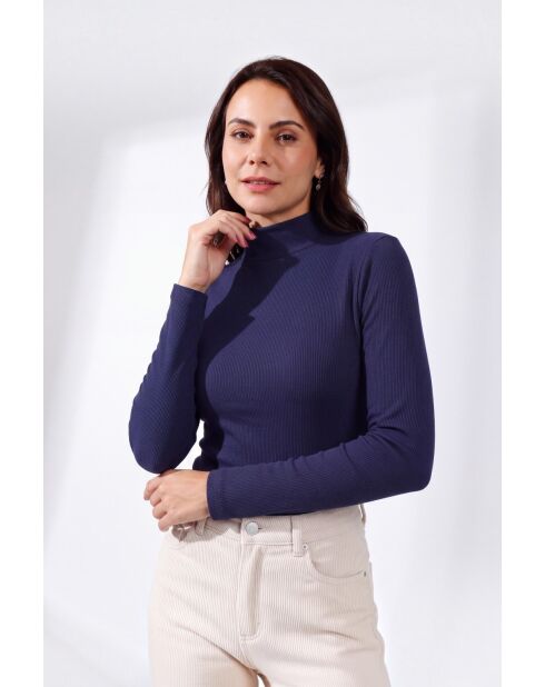 Jersey Audrey de algodón con cuello alto y mangas largas azul medianoche
