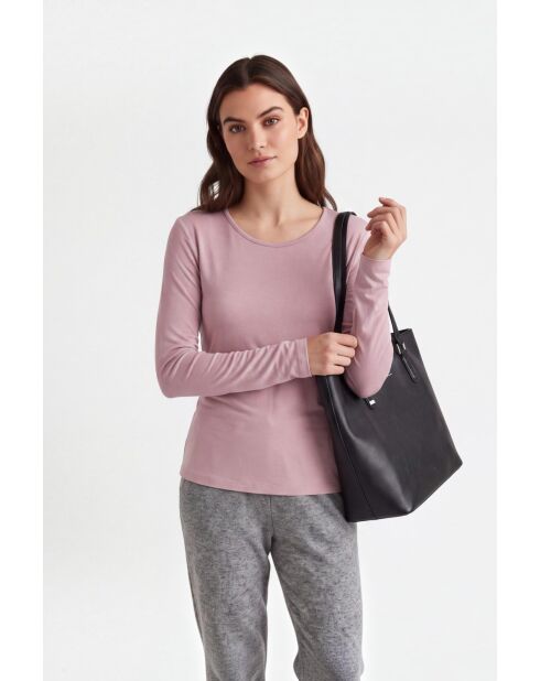 Camiseta interior rosa empolvado de algodón con cuello redondo y manga larga de Antonella