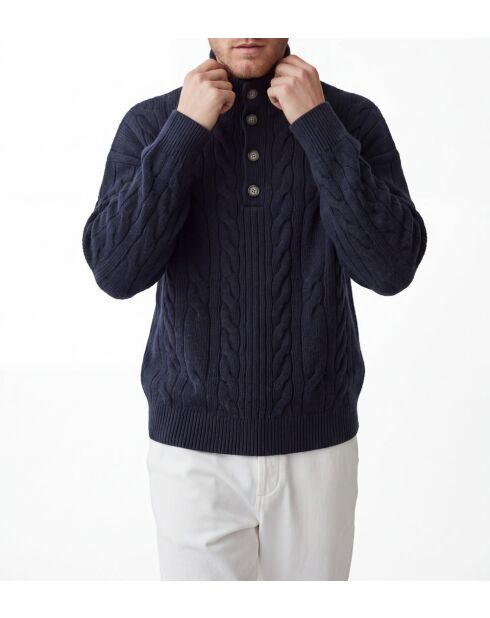 Jersey William de lana con cuello camionero, mangas largas, azul medianoche