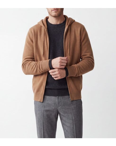 Chaleco camel de manga larga con capucha y cremallera Mathis