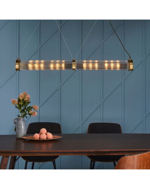 Lustre tube double en métal couleur laiton et verre - 120 x 12 x 120 cm