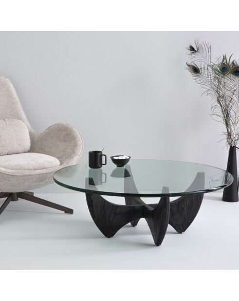 Table basse ronde en chêne massif noir avec plateau en verre Harper - 100 x 100 x 35 cm