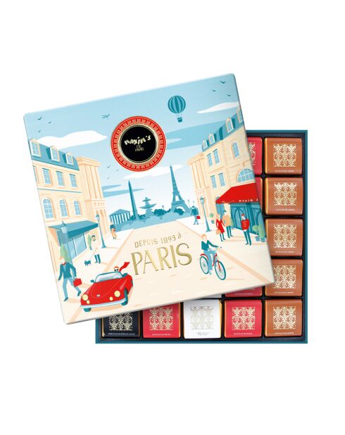 Coffret métal Paris, 50 carrés de chocolat assortis