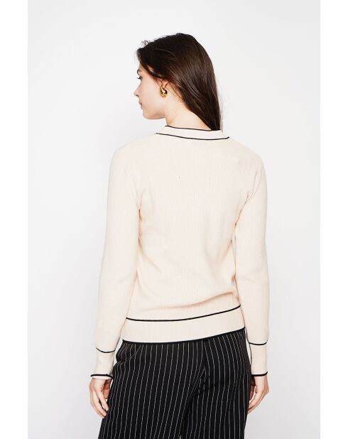 Jersey en mezcla de cachemir con cuello en V color crema y lazo