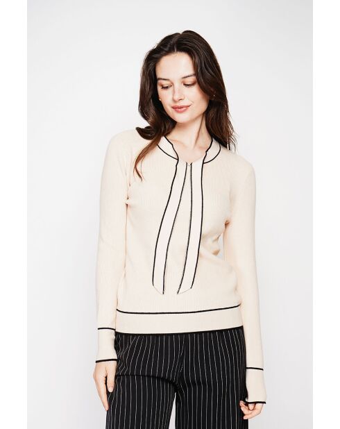 Jersey en mezcla de cachemir con cuello en V color crema y lazo