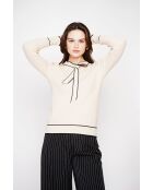 Pullover in misto cashmere con scollo a V color crema e fiocco