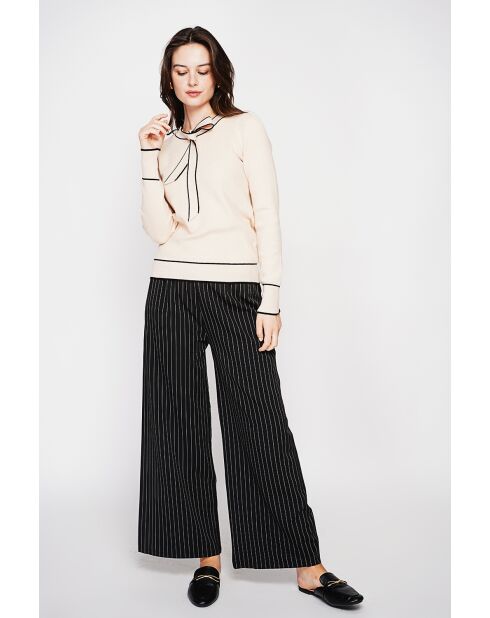 Pullover in misto cashmere con scollo a V color crema e fiocco